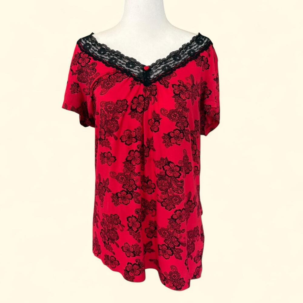 Dark Romance Red & Black Floral Lace Blouse with Rose